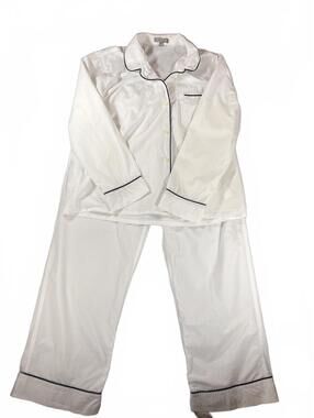 J.Crew White Cotton Pajama Set Navy Piping Womens Large